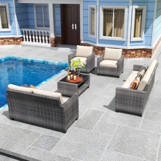 5-Piece Patio Wicker Conversation Sofa Set with Coffee Table,Rattan Sofa Chair with Cushion image {1}