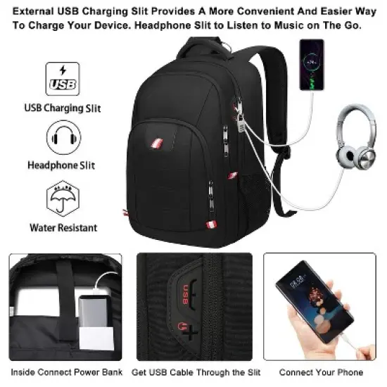 Travel Laptop Backpack, Black Backpack with USB Slit Business Computer Back Pack image {5}