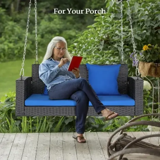 VINGLI Heavy Duty 800 LBS Wicker Hanging Porch Swing with Cushions & Chains, 4FT Outdoor Rattan Swing Bench for Garden, Yard, Lawn (Black+Blue) image {4}
