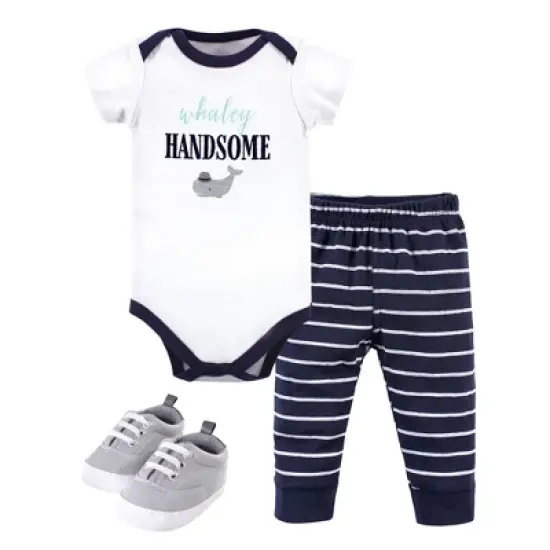 Little Treasure Baby Boy Cotton Bodysuit, Pant and Shoe 3pc Set, Whaley Handsome image {4}