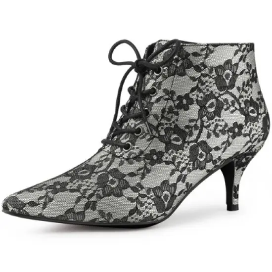 Allegra K Women's Pointed Toe Lace Up Stiletto Kitten Heel Lace Booties image {6}