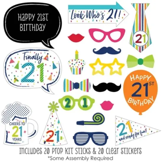 Big Dot of Happiness 21st Birthday - Cheerful Happy Birthday - Colorful Twenty-First Birthday Party Photo Booth Props Kit - 20 Count image {1}
