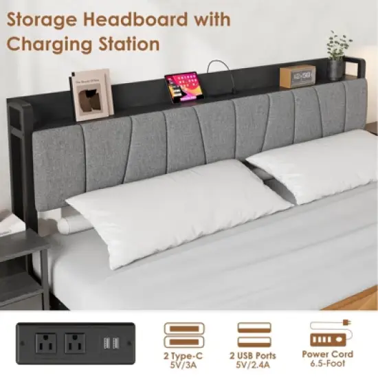 Bed Frame with Storage Headboard, Industrial Full Platform Bed with 2 Large Drawers and Charging Station, Black image {3}