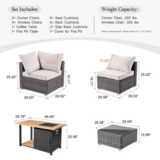 Ovios Venice 8pc Wicker Outdoor Patio Furniture Set Conversation Sofa with a Storage Fire Pit and Cushions image {11}