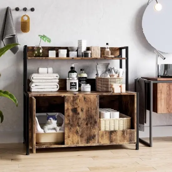 Rustic Brown Cat Litter Box Enclosure with Storage Shelves, Hidden Cabinet with Scratching Pad & Doors image {8}