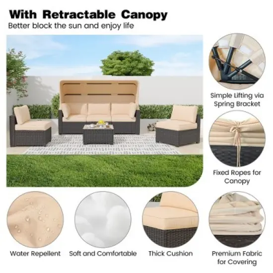 Garvee 6-Piece Outdoor Patio Furniture Set with Modern Rattan Wicker, Rattan Daybed with Retractable Canopy for Garden, Deck, and Backyard image {3}
