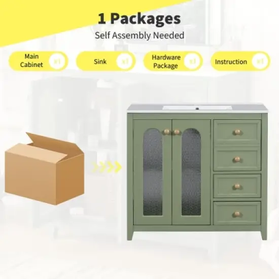 36" Bathroom Vanity with Ceramic Sink, 2 Doors, 3 Drawers, Adjustable Shelf, Gold Handles, Freestanding Vanity image {7}