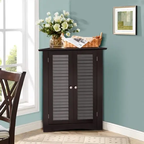 Corner Storage Cabinet Freestanding Floor Cabinet Bathroom w/ Shutter Door Grey\Brown image {2}