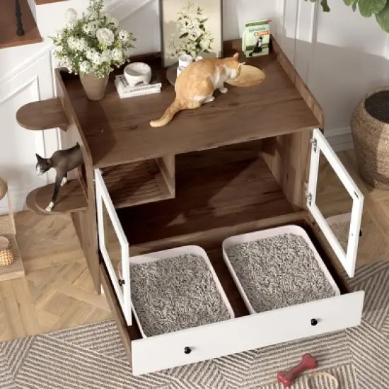 Large Hidden Cat Litter Box Cabinet with Drawer and Stairs, Indoor Enclosure and Side Table for Cats - The Pop Home image {1}