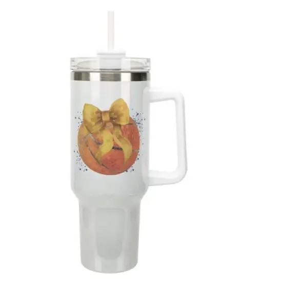 Elanze Designs 40 Ounce Stainless Steel Double Wall Insulated Glitter Travel Tumbler With Handle, Straw, and Lid, Basketball With Gold Bow White image {1}