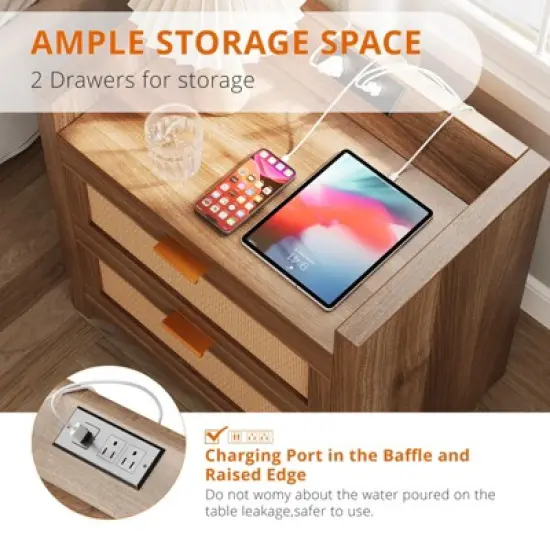 Night Stand Set of 2 Rattan Nightstands with Charging Station 23.6" Wide Boho Bedside Tables with 2 Drawers Modern Larger Nightstands, Brown image {3}