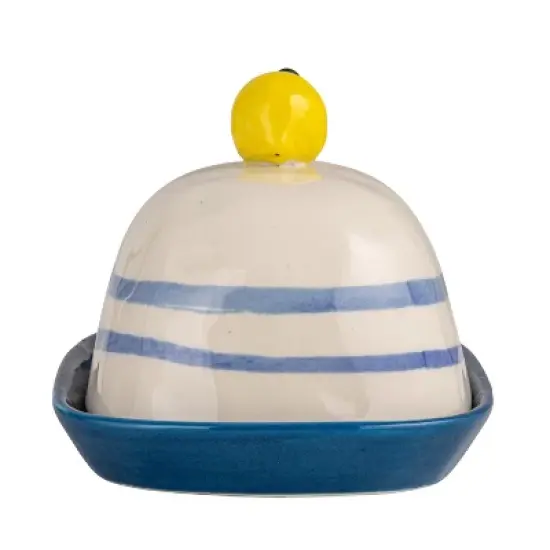 Storied Home Hand-Painted Stoneware Butter Dish with Lemon Shaped Handle and Stripes, Multicolor image {3}