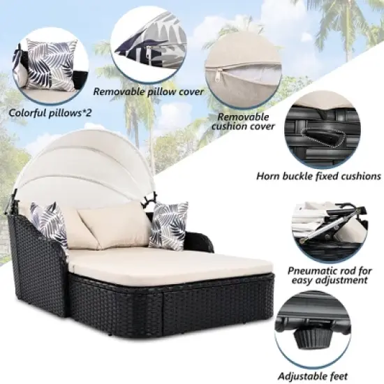 Whisen Outdoor Sunbed with Adjustable Canopy, Double lounge, PE Rattan Daybed image {1}