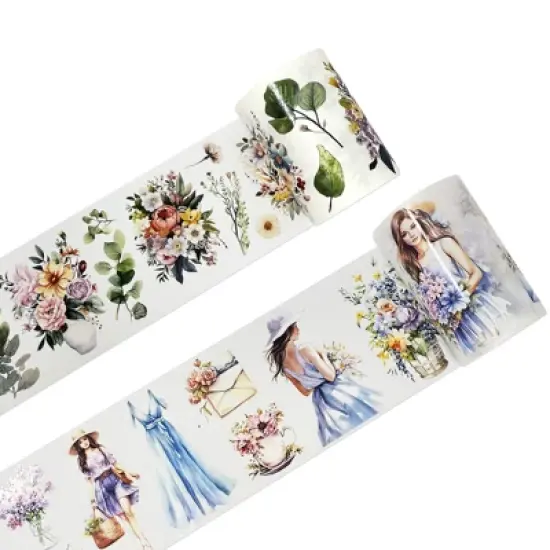 Wrapables Aesthetic Floral Fashion PET Washi Tapes for Scrapbooking, Stationery, Journaling, Diary, Card Making (Set of 2), Blue and Lavender image {4}