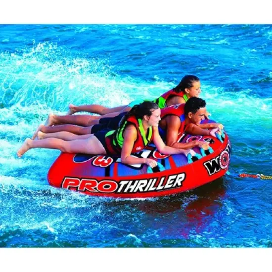 WOW Watersports Super Thriller Pro Series 3 Person Inflatable Towing Tube with 6 Comfort Grip Foam Handles For Boating and Lake Fun, Red image {1}