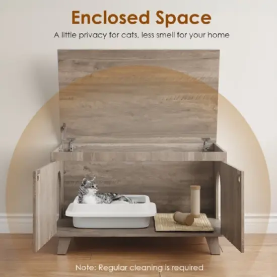 ORRD Flip Top Hidden Cat Litter Box Enclosure Furniture Cabinet with Rattan Decorated Doors for Your Home, Two Entrances image {4}