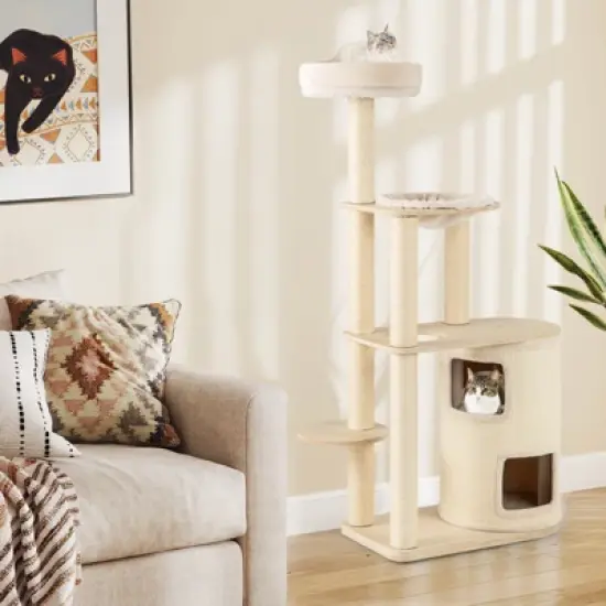 Costway Wooden Cat Tree 6-Level Cat Scratching Stand with 2-Story Cat Condo Modern Cat Furniture image {3}