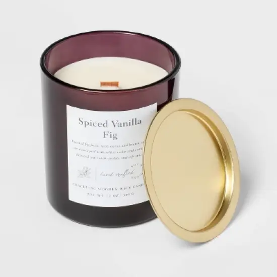 Clear Colored Glass with Woodwick and Brass Metal Inset Lid Spice Vanilla Fig Candle Purple - Threshold&trade; image {3}