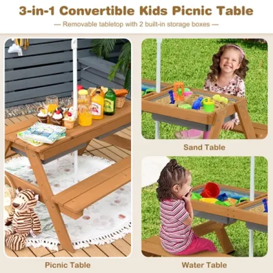 Costway 3-in-1 Kids Picnic Table Wooden Outdoor Sand & Water Table w/Umbrella Play Box es image {4}