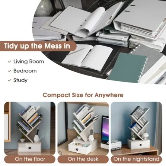 Tangkula 5-Tier Tree Bookshelf w/ Wooden Drawer Display Storage Organizer Rack image {8}