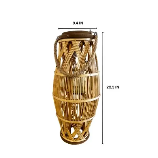 Essential Decor & Beyond 20.5" Tropical Bamboo Hanging Lantern With Glass Candle Holder and Rope Handle Decorative Accent image {1}