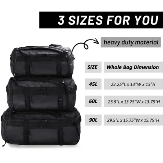 Large Duffel Backpack Sports Gym Bag with Shoe Compartment, Heavy Duty and Water Resistant, Black, 45L image {3}