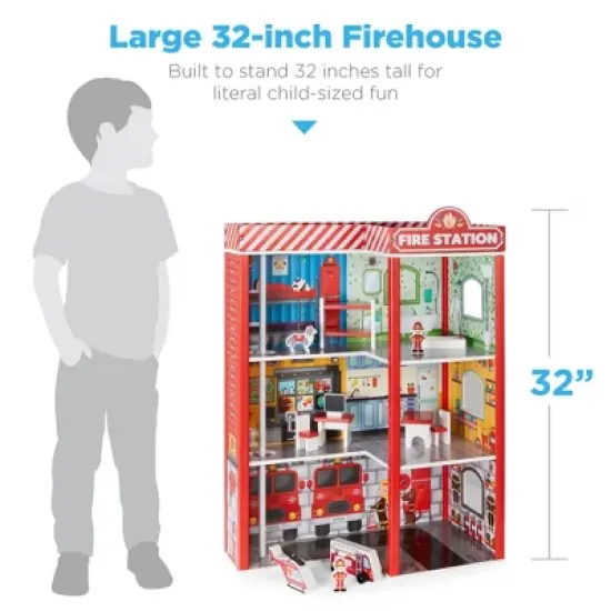 Best Choice Products 32in Kids 3-Story Pretend Wooden Fire Station Play Set Toy, w/ 2 Vehicles, 12 Accessories, 5 Rooms image {4}
