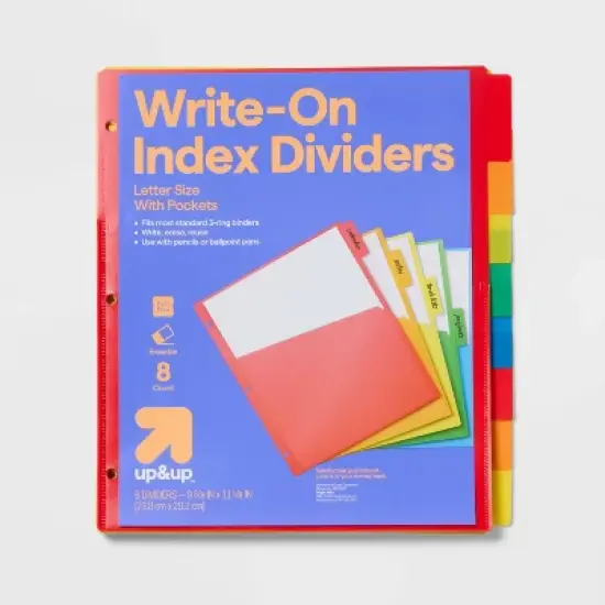 8ct Write-On Index Dividers with Pockets - up&up&trade;: Multicolor 3-Hole Punched Binder Accessories image {3}