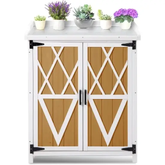 Potting Bench Outdoor Cabinet with Metal Tabletop, Wooden Storage Cabinets Weatherproof, Planting Work Benches with Adjustable Shelf image {9}