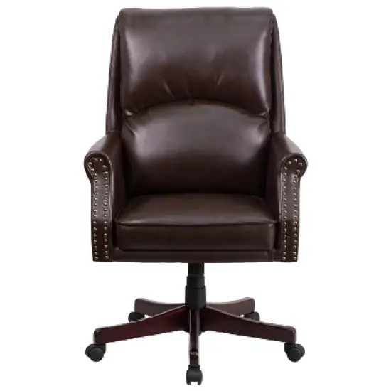 Merrick Lane Ergonomic Executive Office Chair with High Pillowed Back & Rolled Arms In Brown Faux Leather with Mahogany Finish Base image {3}
