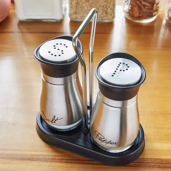 Juvale 3 Piece Salt and Pepper Shakers Set with Holder, Unique Stainless Steel and Glass Dispensers for Kitchen Accessories (4oz) image {3}