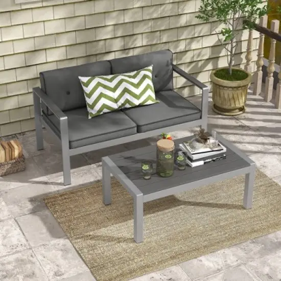 Costway Patio Aluminum Loveseat Sofa Outdoor Chair with WPC Armrests & Cushions Backyard image {3}
