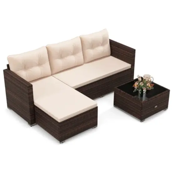 Costway 4 Seats Outdoor Wicker Furniture Set with Tempered Glass Coffee Table & Soft Cushions image {1}