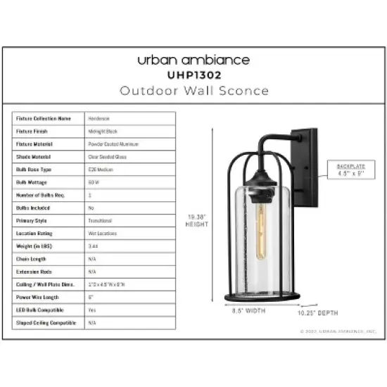 Urban Ambiance Luxury Farmhouse Outdoor Wall Sconce 19.375''H x 8.5''W,  Midnight Black Finish,  Henderson Collection, UHP1302 image {2}