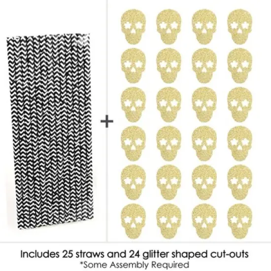 Big Dot of Happiness Gold Glitter Sugar Skull Party Straws - No-Mess Real Glitter Cut-Outs & Decorative Day of the Dead Party Paper Straws - Set of 24 image {3}