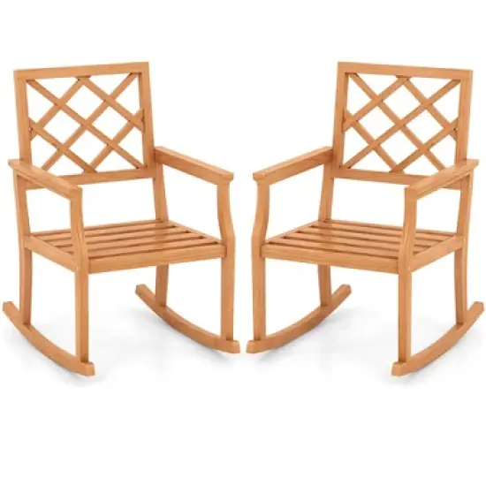 Costway 1/2 PCS Teak Wood Rocking Chair with Backrest and Slatted Seat Backyard and Lawn image {2}