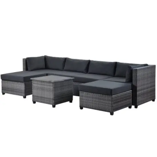 7pc Outdoor Set with Rattan Sofa & Cushions - Gray - GODEER image {6}