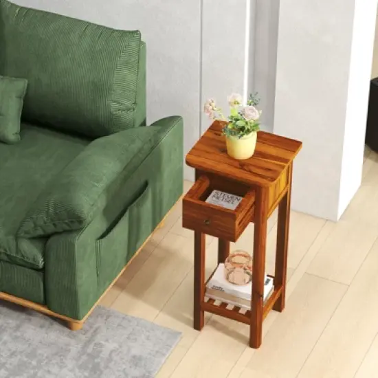 Costway Solid Wood Side Table with Acacia Wood Top Drawer & Open Shelf Small Nightstand image {1}
