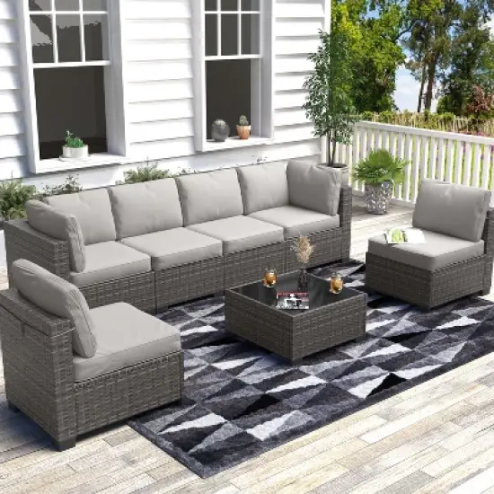 7-Piece Outdoor Patio Furniture Set, PE Rattan Wicker Sectional Modular Conversation Sofa Set with Thick Cushions & Glass Top Coffee Table image {12}