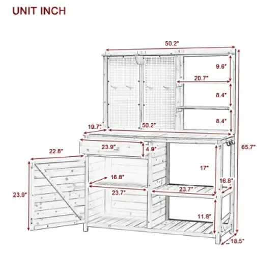 Garden Potting Bench Table Outdoor Patio Workstation with Drawer, Shelves, Cabinet, Pegboard with Hooks, Fir Wood Frame,Natural/White/Brown-ModernLuxe image {5}