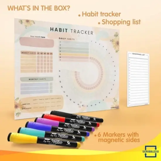 SCRIBBLEDO Magnetic Habit Tracker Calendar 13"x17" Fridge Dry Erase Board with 6 Markers image {3}