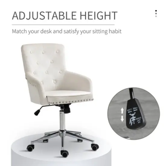 HOMCOM Modern Mid-back Desk Chair with Button Tufted Velvet Back, Nailhead Trim, Swivel Home Office Chair with Adjustable Height, Curved Padded Armrests image {7}