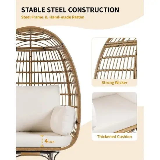 Outdoor 360 Swivel Egg Chair, Oversized Egg Lounge Chair w/Steel Frame and 4 Thick Cushions Chairs for Indoor Porch, Backyard, Living Room image {5}