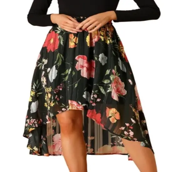 Allegra K Women's High Low Hem Elastic Waist Lurex Chiffon A-Line Midi Floral Skirt image {6}