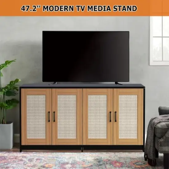 2  Cat Litter Box Cabinet, 47'' Hidden Litter Box Enclosure with Double Room, Wooden Cat House TV Stand Sideboard with 4 Sisal Doors image {3}