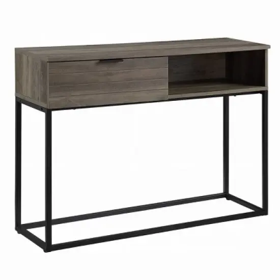 GlasFlength Desks Metal Frame Rustic Computer Desk Gaming Desk Home Office Desk with Two Drawers for Small Spaces, Brown, 42"*14"*30" image {3}