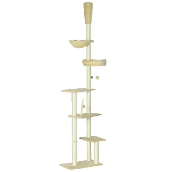 PawHut Floor to Ceiling Cat Tree, 90.5" - 98.5" Height Adjustable Cat Climbing Tower with Cozy Bed, Hammock, Scratching Posts, Toy Balls, Beige image {3}