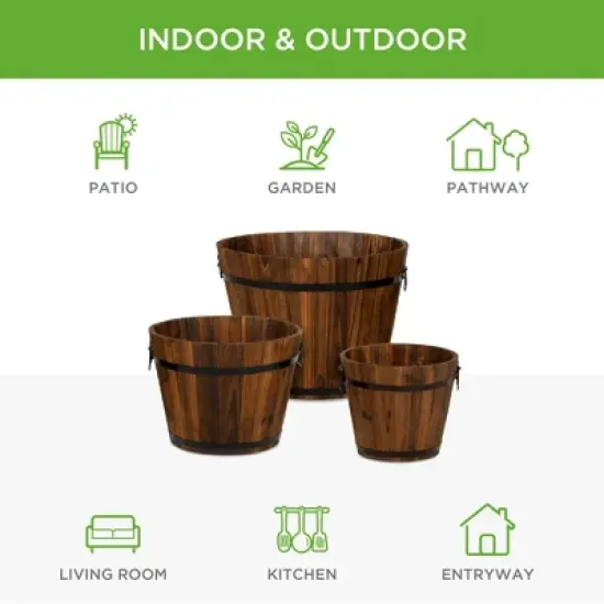 Best Choice Products Set of 3 Rustic Wood Bucket Barrel Flower Garden Planters Set w/ Drainage Holes, Multiple Sizes image {4}
