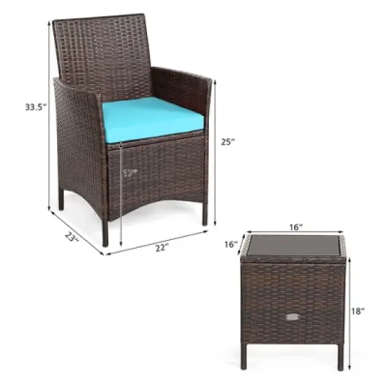 Costway 3PCS Patio Rattan Furniture Set Cushioned Sofa Glass Tabletop Deck Red\Blue\ White image {3}