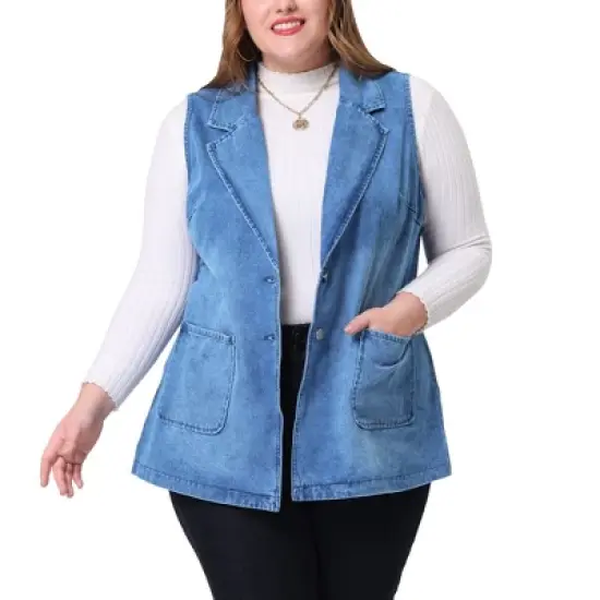 Agnes Orinda Women's Plus Size Denim Relax Notched Lapel Jacket Vest image {8}